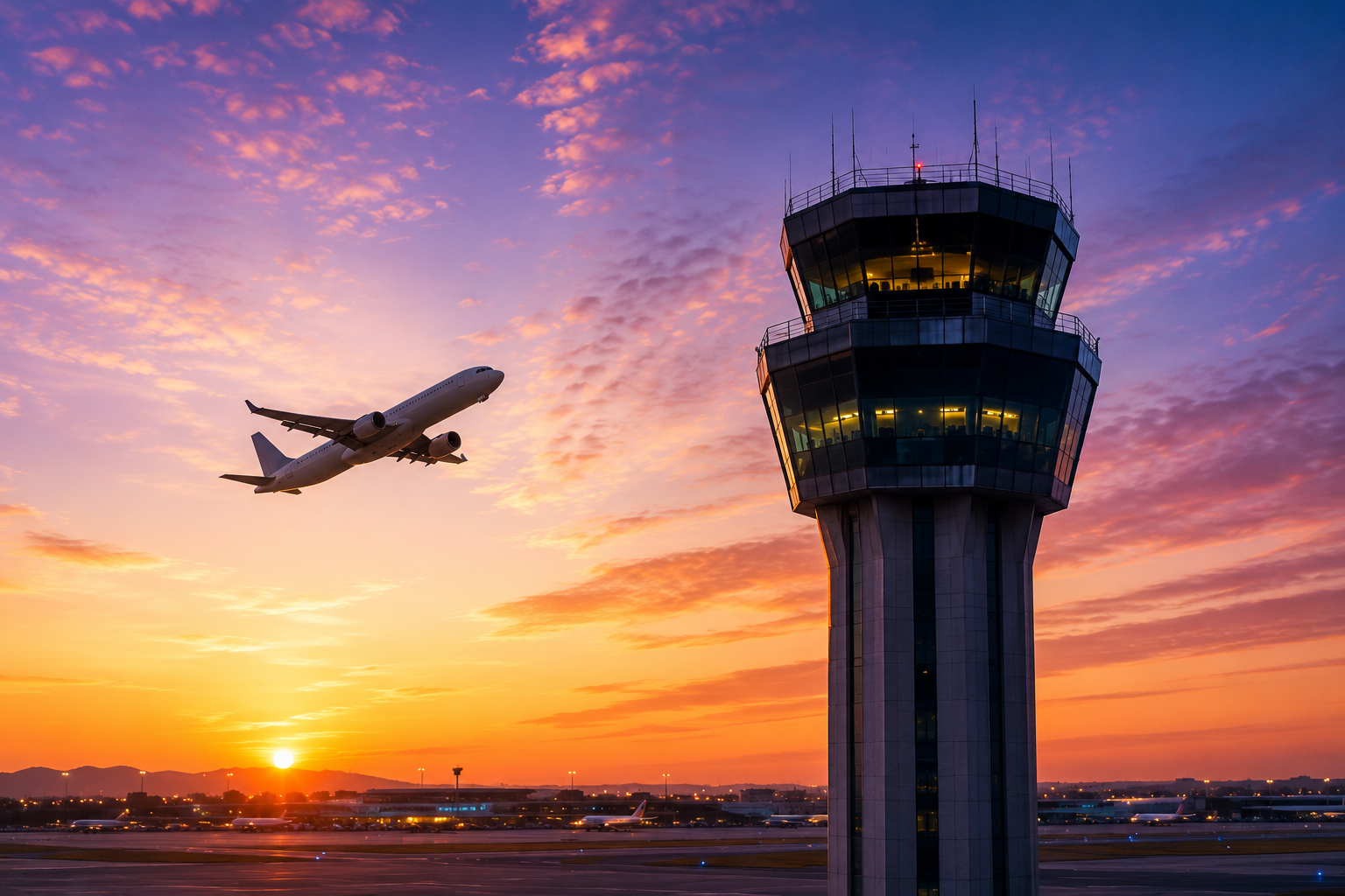 Torre de control y avión al atardecer
